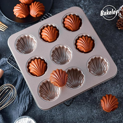 Madeleine Mold Cake Pan, 9-Cavity Non-Stick Spherical Shell Madeline Bakeware for Oven Baking (Champagne Gold)