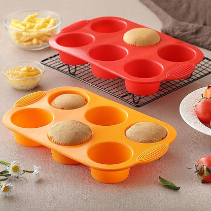 2PCS Silicone Muffin Cupcake Pan Molds, 6-Cavity Non Stick Silicone Muffin Pans for Baking Muffin, Cupcakes, Brownies and More, Food Grade and BPA Free (Orange and Red)