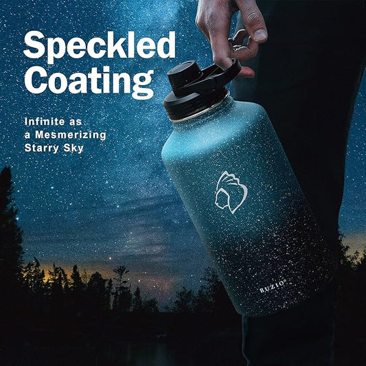 BUZIO 64 oz Water Bottle Insulated with Straw & 3 lid and Carrying Pouch, Leak Proof Half Gallon Stainless Steel Water Flask Jug, Cold for 48 Hrs Double Vacuum Thermo Canteen, BPA-Free, Starry Indigo