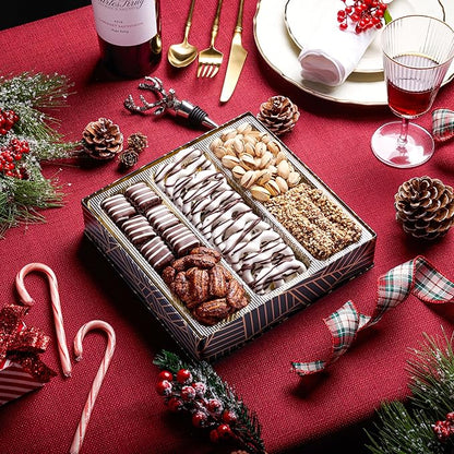 Oh! Nuts Chocolate and Nuts Gift Basket - Gourmet Truffles & Chocolates Pretzels - Assorted Nut Gift Square Metal Tin Box - Healthy Food Gifts Baskets for Holiday, Birthday, Corporate, Women & Men
