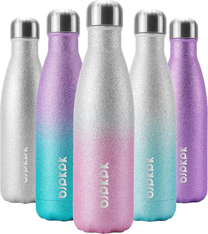 BJPKPK 17oz Insulated Water Bottles Stainless Steel,Sports Water Bottles Keep Cold for 24 Hours and Hot for 12 Hours,BPA Free,Glitter Silver Pink