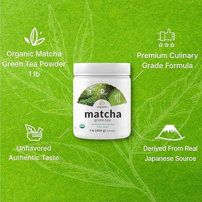 Organic Matcha Green Tea Powder, 1 lb (454g) | First Harvest, Culinary Grade | Japanese Sourced Cafe Mix | Zero Sugar, Keto Friendly, Non-GMO, Vegetarian