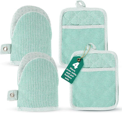 Casa Platino Heat Resistant Oven Mitts & Pot Holders, 4-Piece – Oven Mitt for Baking & BBQ, Potholders for Kitchens – Withstands Heat Up to 500°F, Soft, Durable & Non-Slip – Sage