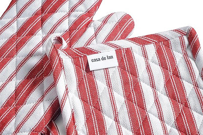 Oven Mitts & Potholder Set - Durable Heat Resistant Gloves - Thick Mittens for Kitchen - Suitable for Cooking, Baking, Grilling – BBQ - 2 Oven Mitts & 2 Potholders – Bright Red Stripes - Casa De Lan