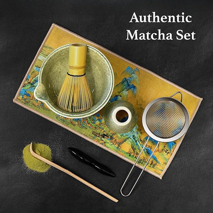 Green Matcha Whisk Set – 7 Pcs Japanese Matcha Kit, Bowl (Chawan) with Spout, Bamboo Whisk (Chasen) & Holder, Scoop (Chashaku), Sifter, Tea Towel – Perfect for Matcha Lovers & Tea Ceremony