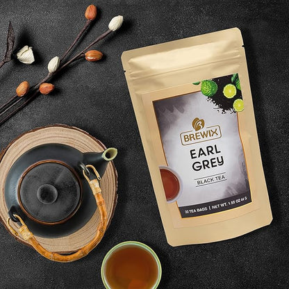 BREWIX, Earl Grey Tea Bags (22 Pyramid Tea Bags) Long Leaf Indian Black Tea with Bergamot, Packed in Resealable Ziplock Pouch | Black Tea with Bergamot