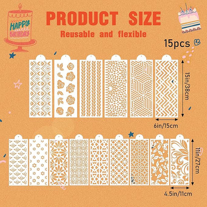 Cake Stencils for Baking - 15 Pcs Cookie Stencils for Royal Icing, Flower Roses Cookie Stencils for Buttercream Decorating, Folk Brick Stencils Cookie Decoration, Baking Template Cake Decor