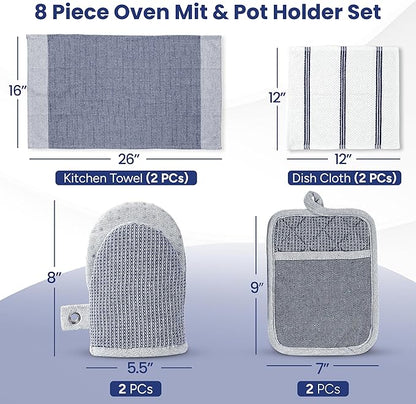 Casa Platino Mini Oven Mitts Set, 8-Piece – 500°F Heat Resistant Silicone Oven Mitts, Potholders for Kitchens, 2 Kitchen Towels & 2 Dish Cloths – Non-Slip & Durable – Indigo