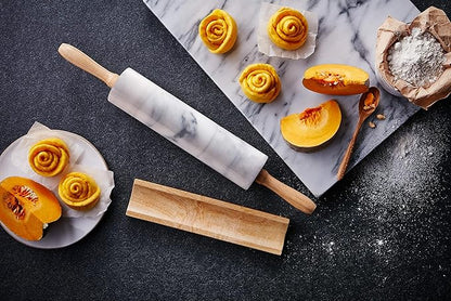 JEmarble Pastry Board 16x20 inch Set with Rolling Pin/Wooden Handles 18 inch(White) Non-Slip Rubber Feets for Stability Perfect for Keep the Dough Cool and Chocolate Tempering(Premium Quality)