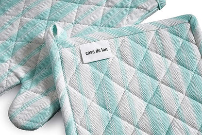 1 Oven Mitt, 1 PotHolder & 1 Kitchen Apron Set - Durable Heat Resistant Gloves - Thick Mittens for Kitchen - Suitable for Cooking, Baking, Grilling – Men & Women – Light Blue Stripes