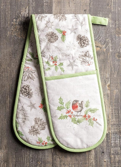 Maison d' Hermine Double Oven Mitts 100% Cotton 7"x35" Double Oven Mitt Heat Resistant BBQ Cooking Gloves with Loop, Baking, Grilling, Home, Kitchen, Handling Hot Pans (Christmas Dew)