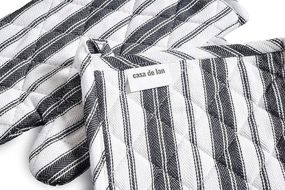 Oven Mitt & Potholder Set - Durable Heat Resistant Gloves - Thick Mittens for Kitchen - Suitable for Cooking, Baking, Grilling - BBQ- 1 Oven Mitts & 1 Potholders - Black Stripes - Casa De Lan