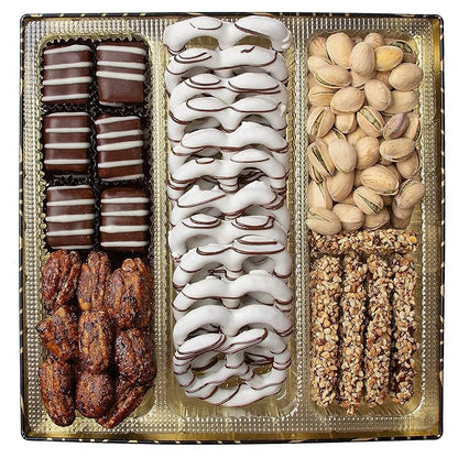 Oh! Nuts Chocolate and Nuts Gift Basket - Gourmet Truffles & Chocolates Pretzels - Assorted Nut Gift Square Metal Tin Box - Healthy Food Gifts Baskets for Holiday, Birthday, Corporate, Women & Men