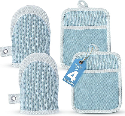 Casa Platino BBQ Gloves & Potholders Set, 4Pc Kitchen Mitts for Oven & Baking, Pot Holder for Hot Pots & Dishes – Heat Resistant Up to 500°F, Non-Slip & Machine Washable – Cornflower