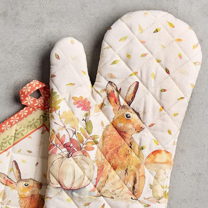 Maison d' Hermine 100% Cotton Oven Mitt & Pot Holder Set (7.5"x13" & 8"x8") Heat Resistant BBQ Cooking Gloves with Loop, Baking, Grilling, Kitchen, Handling Hot Pans (Pumpkin Passion)