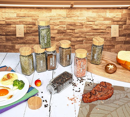 Set of 24 Glass Spice Jars with Various Labels, Bamboo Shaker Lids & Funnel, Kitchen Storage Jars with Airtight Lid, Spices & Seasonings Sets Organizer, Spice Containers, Glass Jar Food Canister