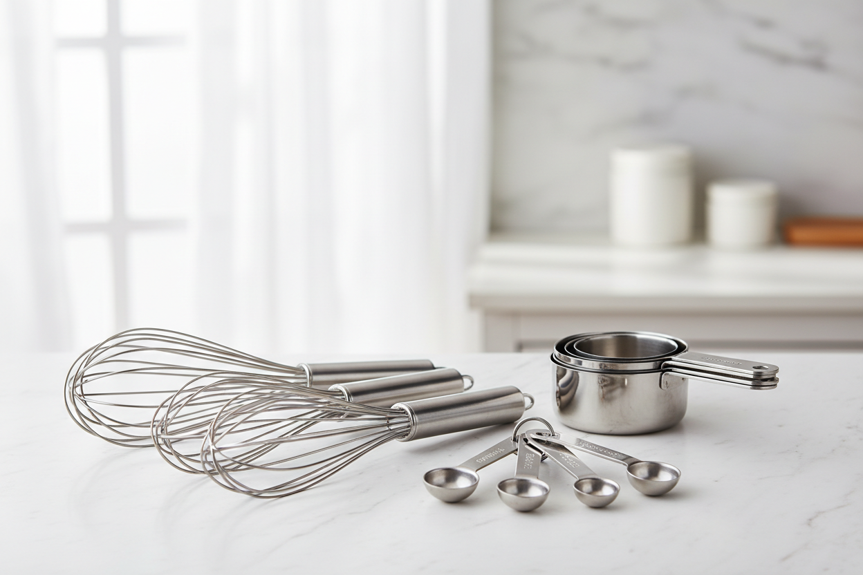 Whisk & Measuring Set

Description: The perfect duo for baking success! Our Whisk & Measuring Set includes ergonomic whisks and precise measuring cups/spoons, making mixing, whipping, and portioning ingredients a breeze. Ideal for both beginners and seasoned bakers. (make it real photo)